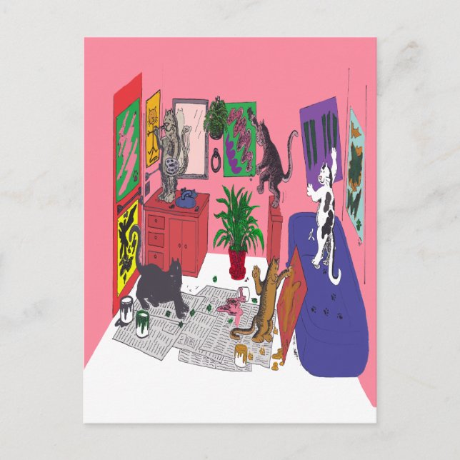 Katzen, die malen, Humorische Kunst Katzen malen Postkarte (Vorderseite)