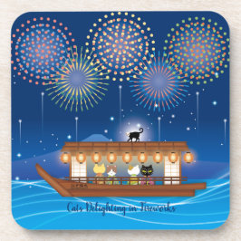 Katzen, die sich in Feuerwerken erfreuen, an Bord  Getränkeuntersetzer