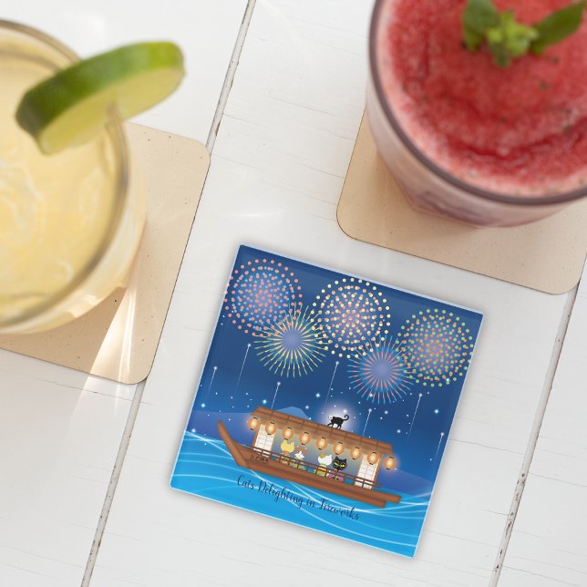 Katzen, die sich in Feuerwerken erfreuen, an Bord  Glasuntersetzer (Cats Delighting in Fireworks Aboard a Houseboat Glass Coaster)