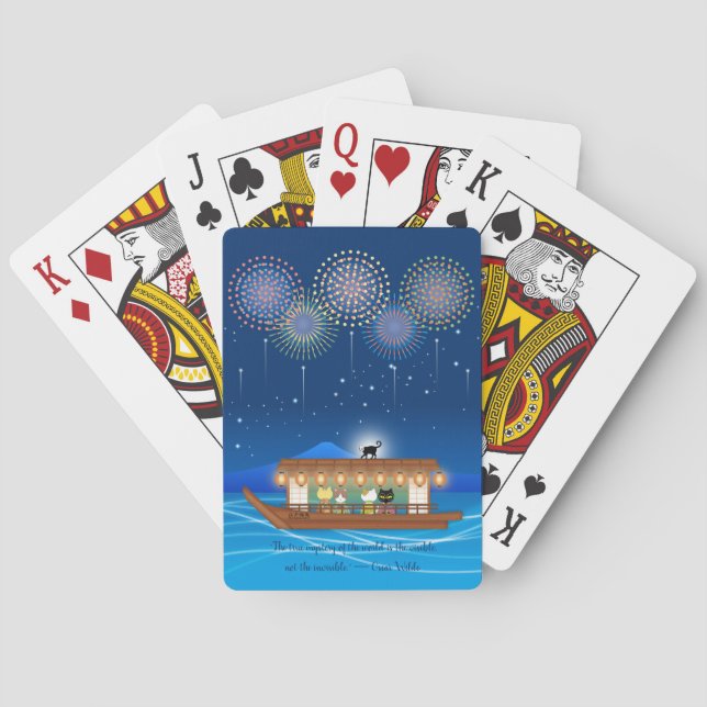 Katzen, die sich in Feuerwerken erfreuen, an Bord  Spielkarten (Rückseite)