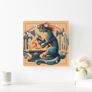 Katzen, die Waffen in einem mittelalterlichen Anbe Quadratische Wanduhr