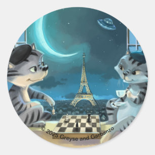 Katzen Eiffelturm - Nacht Klassische Runde Aufkleb Runder Aufkleber