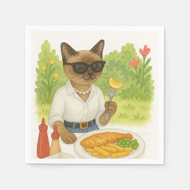 Katzen essen Fisch und Chips in London England Serviette (Vorderseite)