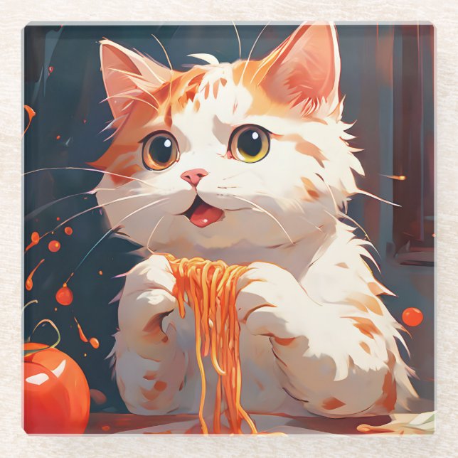 Katzen essen Spaghetti Glasuntersetzer (Vorderseite)
