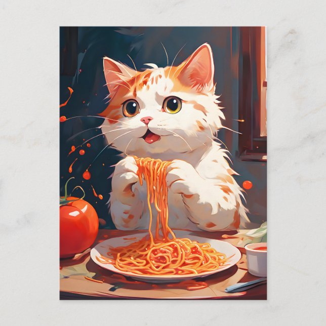 Katzen essen Spaghetti Postkarte (Vorderseite)