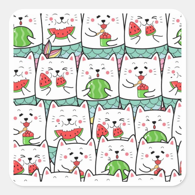 Katzen Essende Wassermelone Quadratischer Aufkleber (Vorderseite)