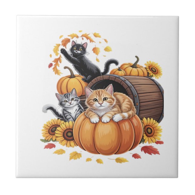 Katzen Fall Herbst Kürbisse Erntedank Sonnenblume  Fliese (Vorderseite)