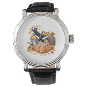 Katzen fallen Herbstpumpen Erntedank Sonnenblume C Armbanduhr