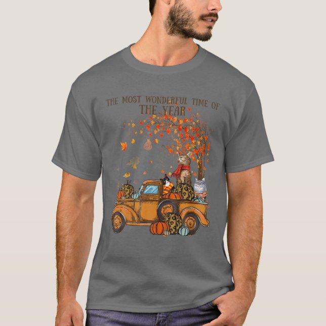 Katzen fallen Pumpkin-LKW Autumn Tree Blätter Ca T-Shirt (Vorderseite)