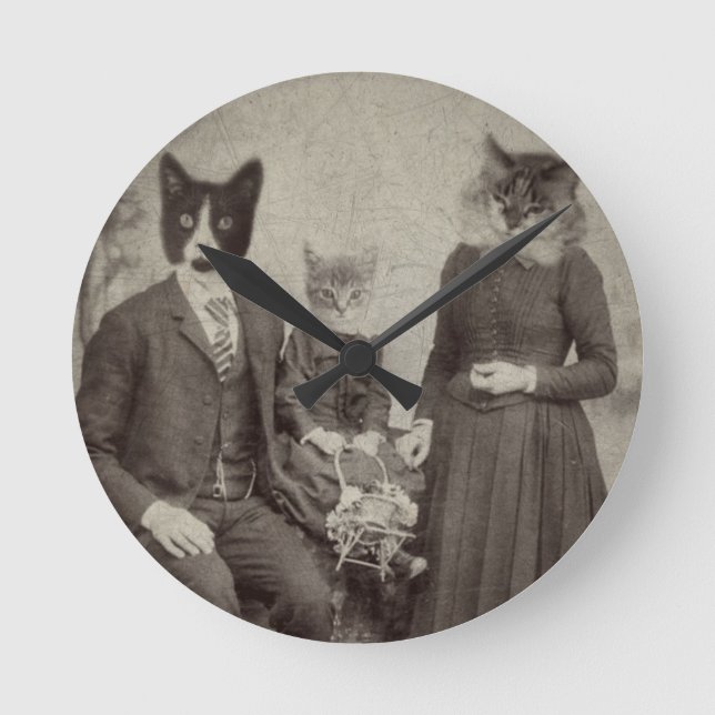 Katzen-Familien-Picknickuhr Runde Wanduhr (Vorderseite)