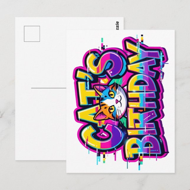 Katzen-Geburtstags-Regenbogen-Glitch Postkarte (Vorne/Hinten)