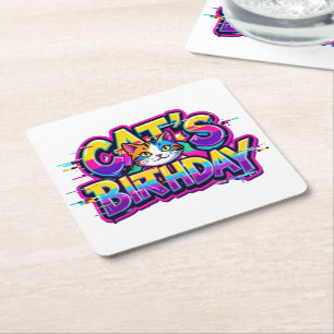 Katzen-Geburtstags-Regenbogen-Glitch Rechteckiger Pappuntersetzer