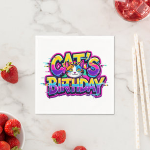 Katzen-Geburtstags-Regenbogen-Glitch Serviette
