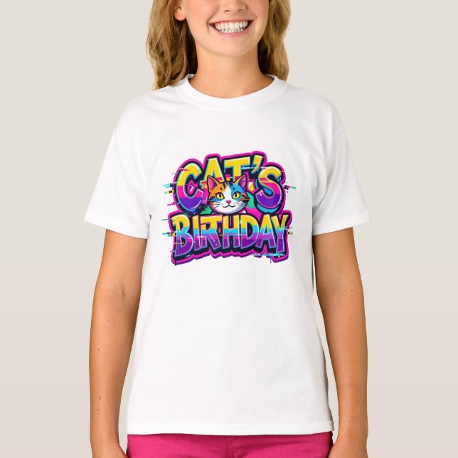Katzen-Geburtstags-Regenbogen-Glitch T-Shirt (Vorderseite)