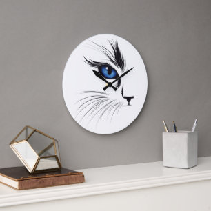 Katzen-Gesicht Blaues Auge Moderner Katzenliebhab Große Wanduhr