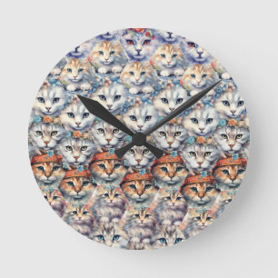 Katzen-Gesichter Sechseck-Muster Runde Wanduhr