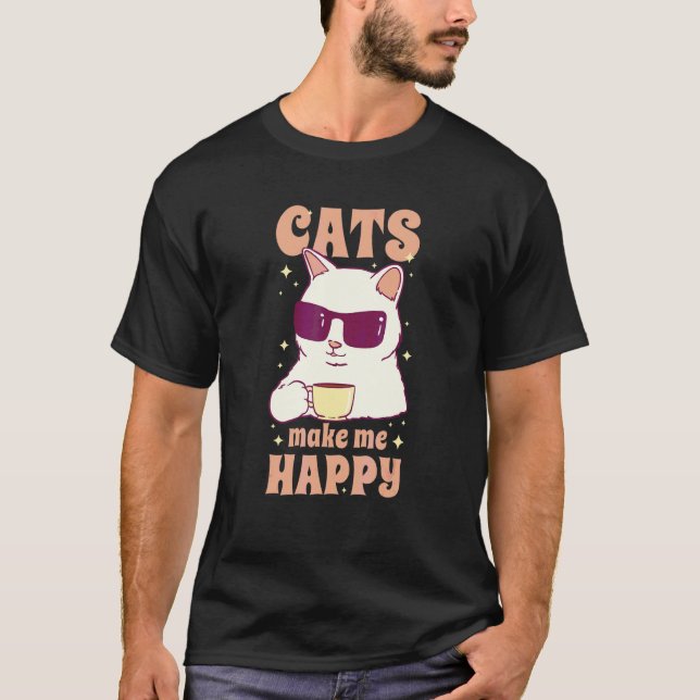 Katzen Glücklicher Kaffee T-Shirt (Vorderseite)