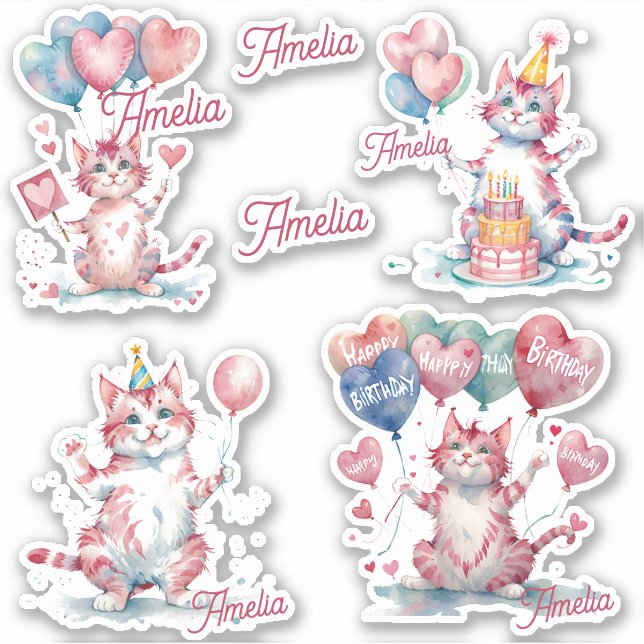 Katzen Happy Birthday personalisiert Aufkleber (Vorderseite)