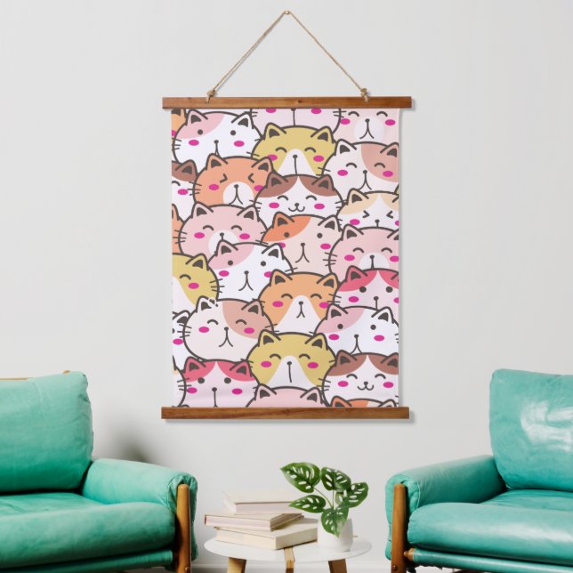 Katzen-Illustration Wandteppich Mit Holzrahmen (Wohnzimmer)