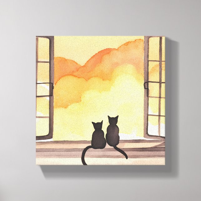 Katzen im Fenster | Sonnenuntergang Wasserfarbe Si Leinwanddruck (Vorderseite)