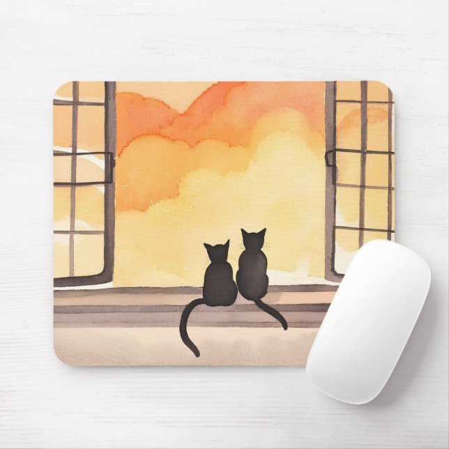 Katzen im Fenster | Sonnenuntergang Wasserfarbe Si Mousepad (Mit Mouse)