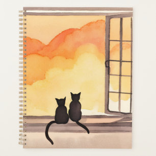 Katzen im Fenster Sonnenuntergang Wasserfarbe Si Planer