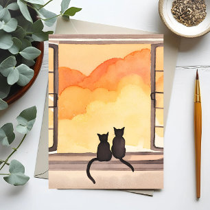 Katzen im Fenster   Sonnenuntergang Wasserfarbe Si Postkarte