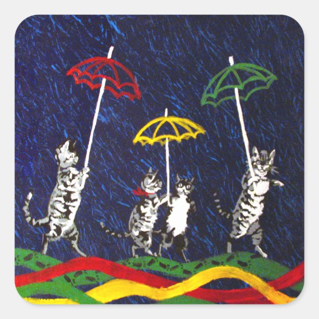 Katzen im Regen Quadratischer Aufkleber (Vorderseite)
