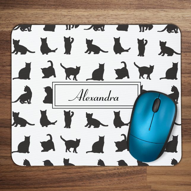 Katzen im Schwarzen Silhouette Muster mit Vorname Mousepad (Von Creator hochgeladen)