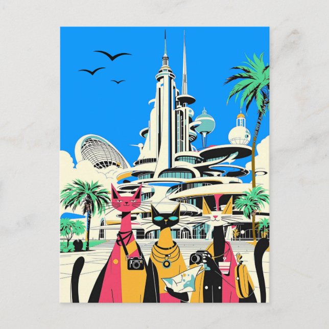 Katzen im Urlaub Besuch der Zukunft Postkarte (Vorderseite)