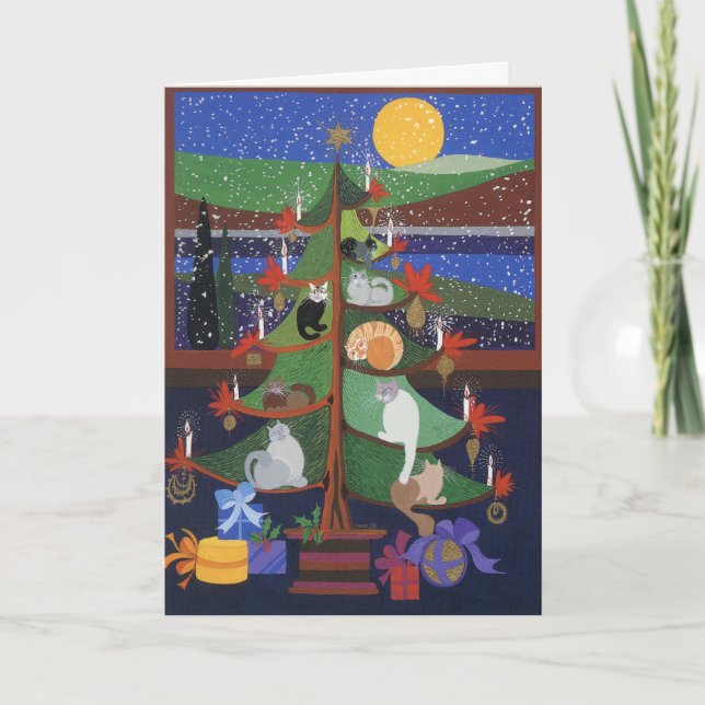Katzen im Weihnachtsbaum Feiertagskarte (Vorderseite)