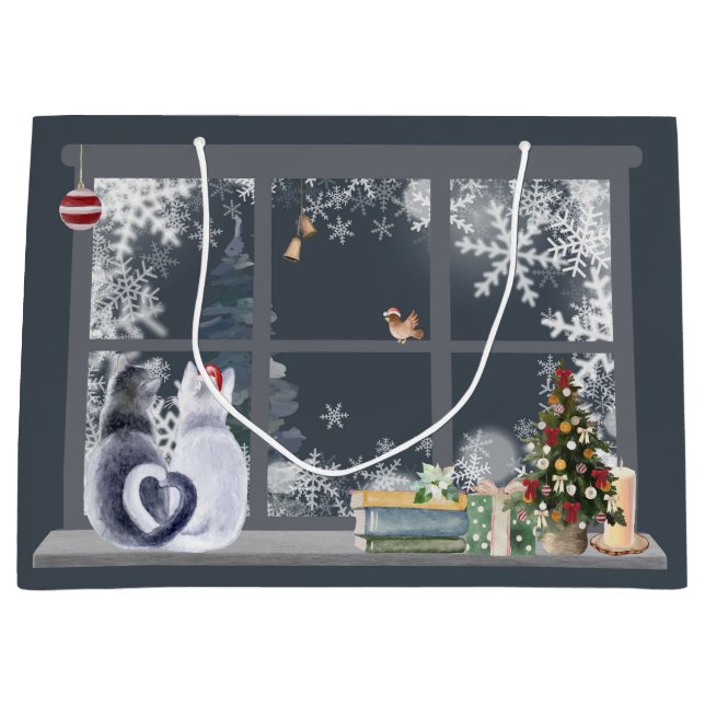 Katzen im Weihnachtsfenster Große Geschenktüte (Vorderseite)