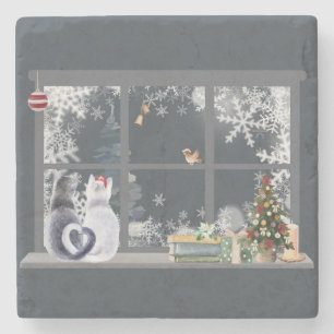 Katzen im Weihnachtsfenster Steinuntersetzer