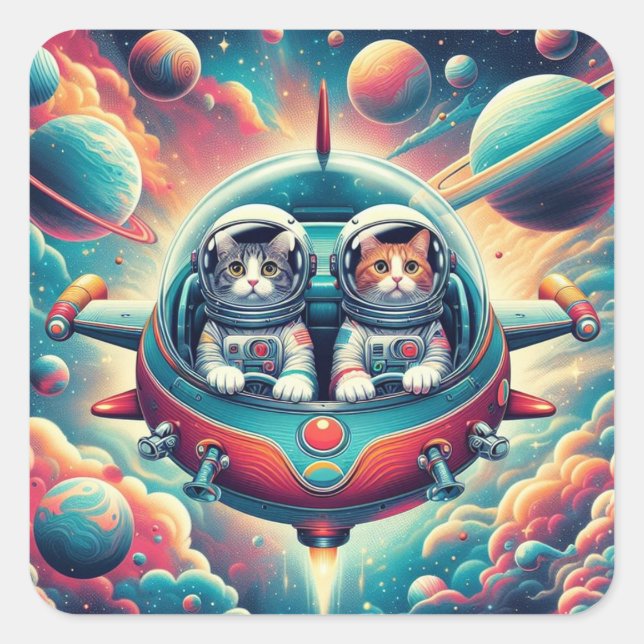 Katzen im Weltraumaufkleber! Quadratischer Aufkleber (Vorderseite)