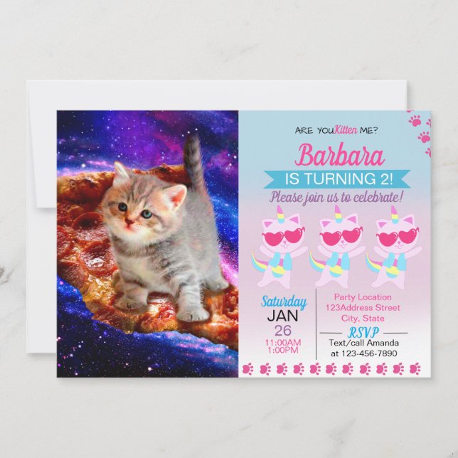 Katzen im Weltraumpizza Einladung (Vorderseite)