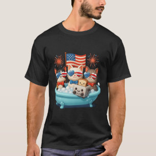 Katzen in Bathtub Anime American Flag USA Patriot  T-Shirt