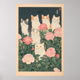 Katzen in Blumen Druck Vintage Japanische Ukiyo-e  Poster