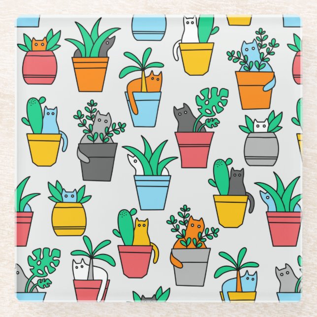 Katzen in den Blumentöpfen Glasuntersetzer (Vorderseite)