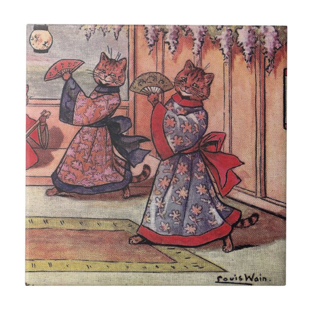 Katzen in den Kimonos Vintager Louis Wain Fliese (Vorderseite)