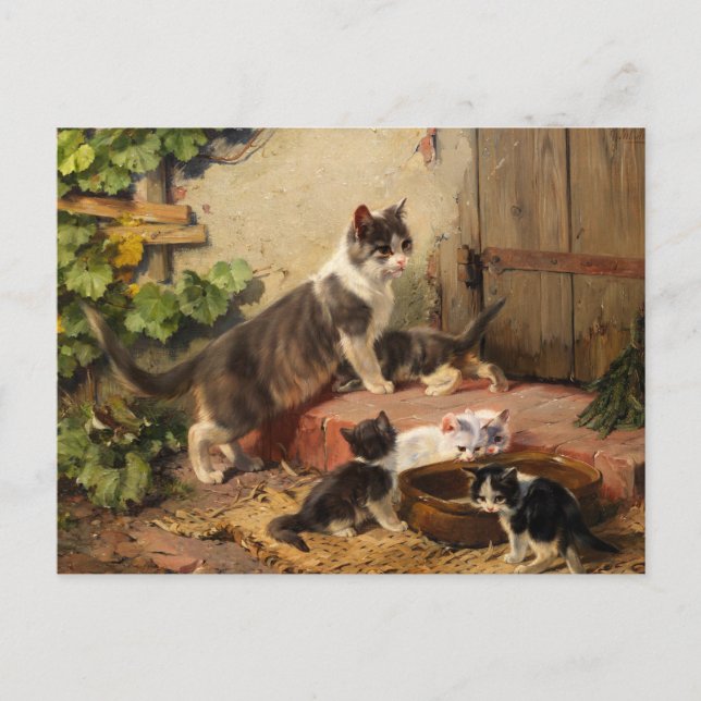 Katzen in der Milchschüssel | Julius Adam the Youn Postkarte (Vorderseite)