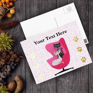 Katzen in einem rosa Sessel im Mid-Century-Stil mi Folien Feiertagspostkarte