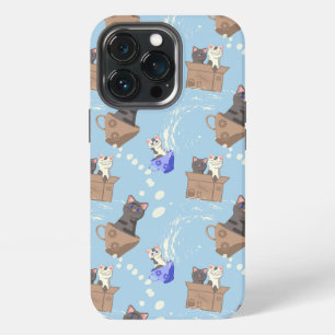 Katzen in einer Box und Milchtropfen auf Blau iPhone 13 Pro Hülle