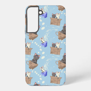 Katzen in einer Box und Milchtropfen auf Blau Samsung Galaxy Hülle