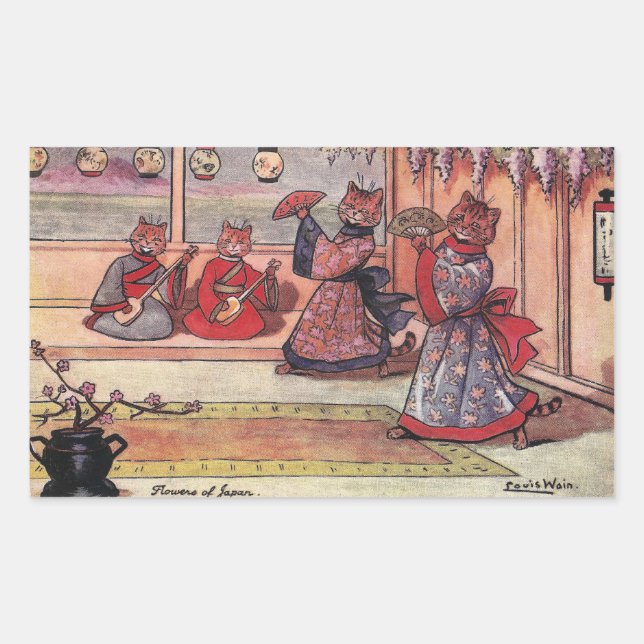 Katzen in Kimonos Vintag Louis Wain Rechteckiger Aufkleber (Vorderseite)