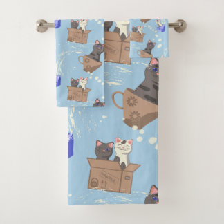 Katzen in Kiste und Milchfallen auf blau Badhandtuch Set