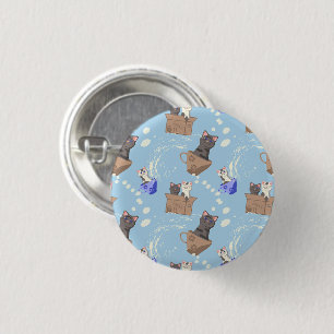 Katzen in Kiste und Milchfallen auf blau Button