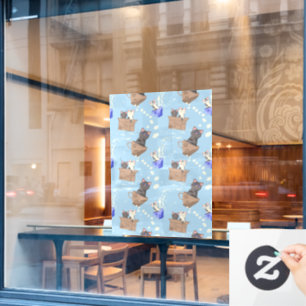 Katzen in Kiste und Milchfallen auf blau Fensteraufkleber