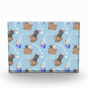 Katzen in Kiste und Milchfallen auf blau Fotoblock