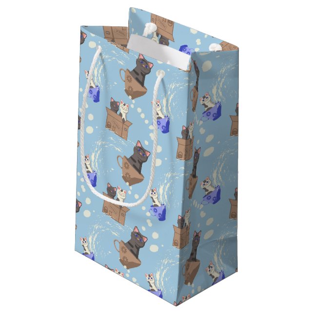 Katzen in Kiste und Milchfallen auf blau Kleine Geschenktüte (Rückseite Schrägansicht)
