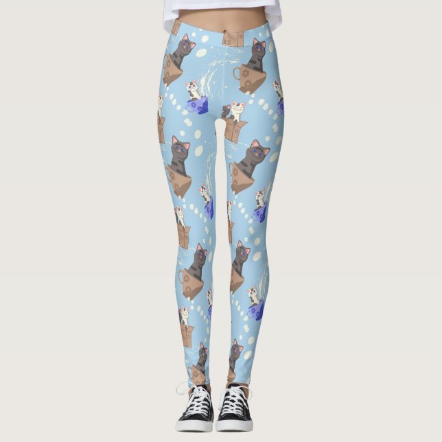 Katzen in Kiste und Milchfallen auf blau Leggings (Vorderseite)